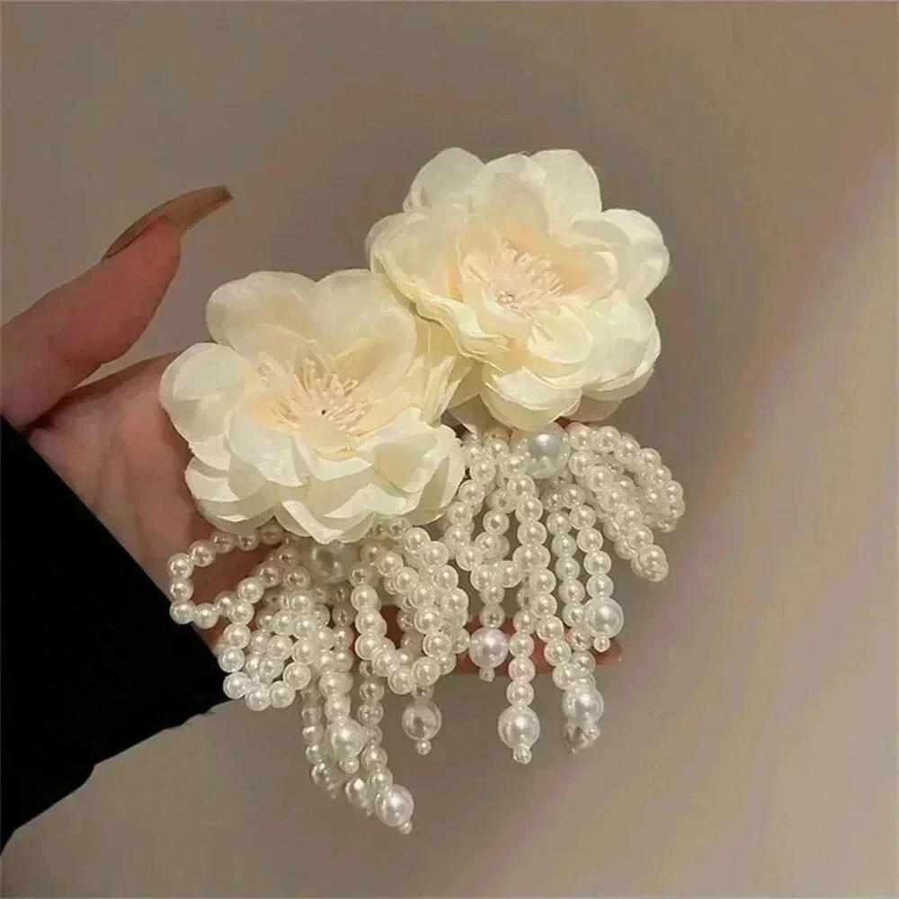 White Large Flower Decor Faux Pearl Tassel Earrings